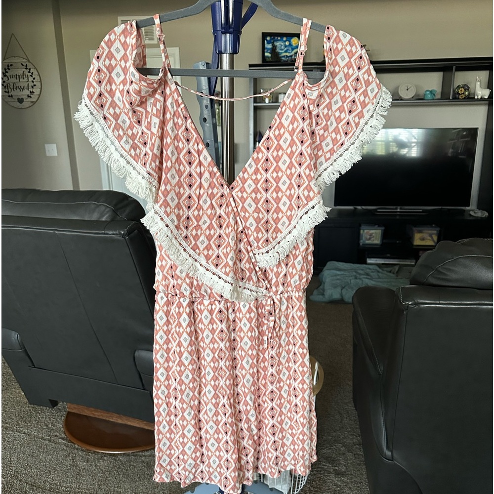 Takara spaghetti strap, peekaboo sleeves with ruffles romper. Size Medium